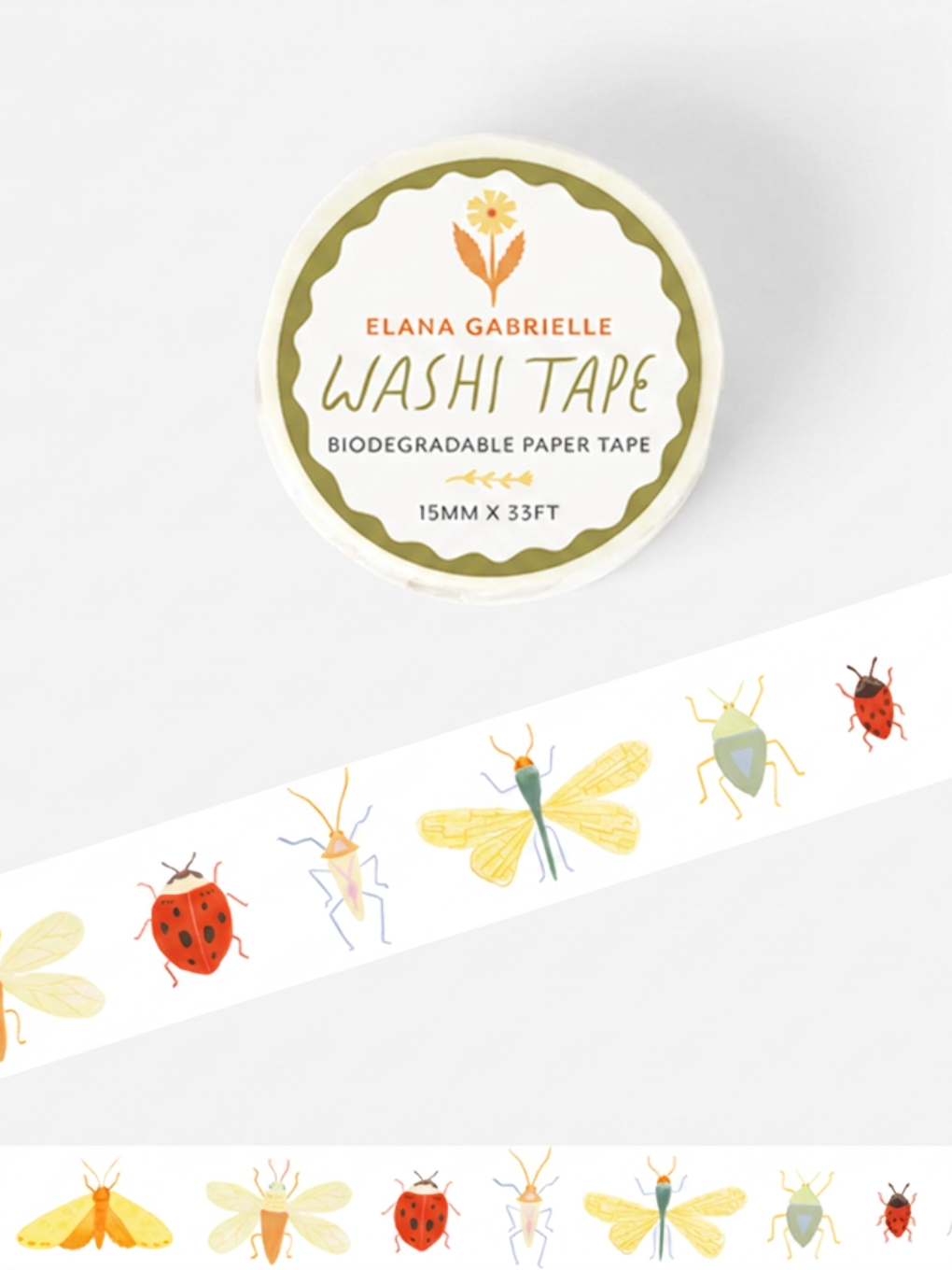 Love Bugg Washi Tape, biodegradable rice paper tape printed with illustrated insects