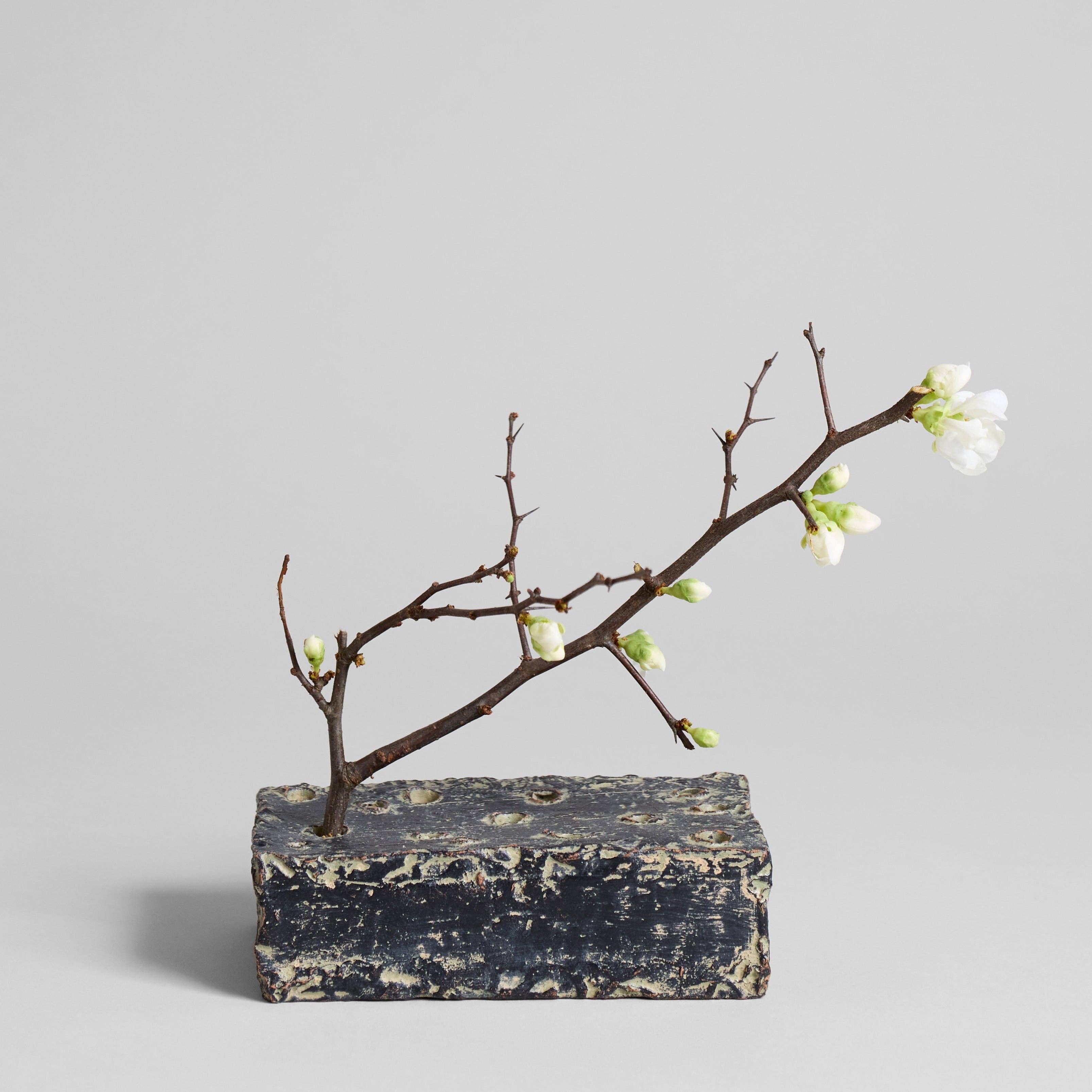 Ceramic Flower Frog Block, Grey Patina