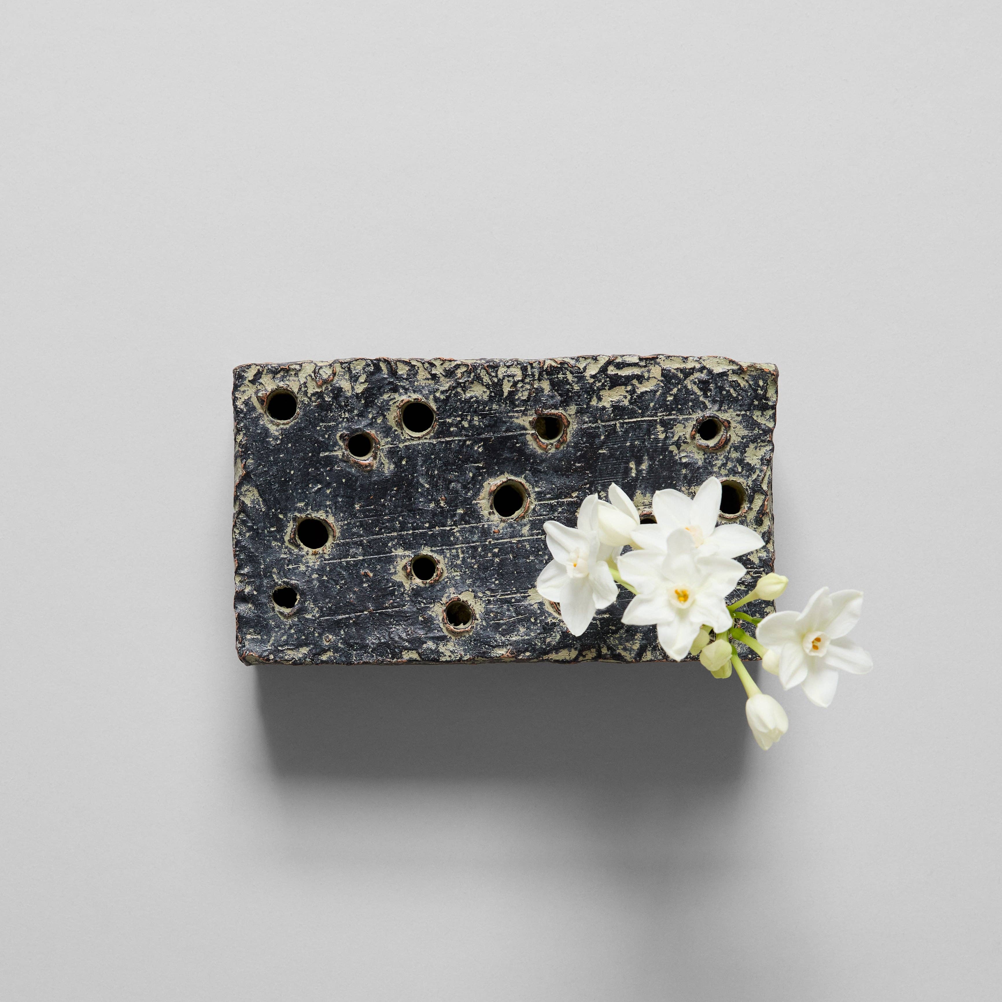 Ceramic Flower Frog Block, Grey Patina