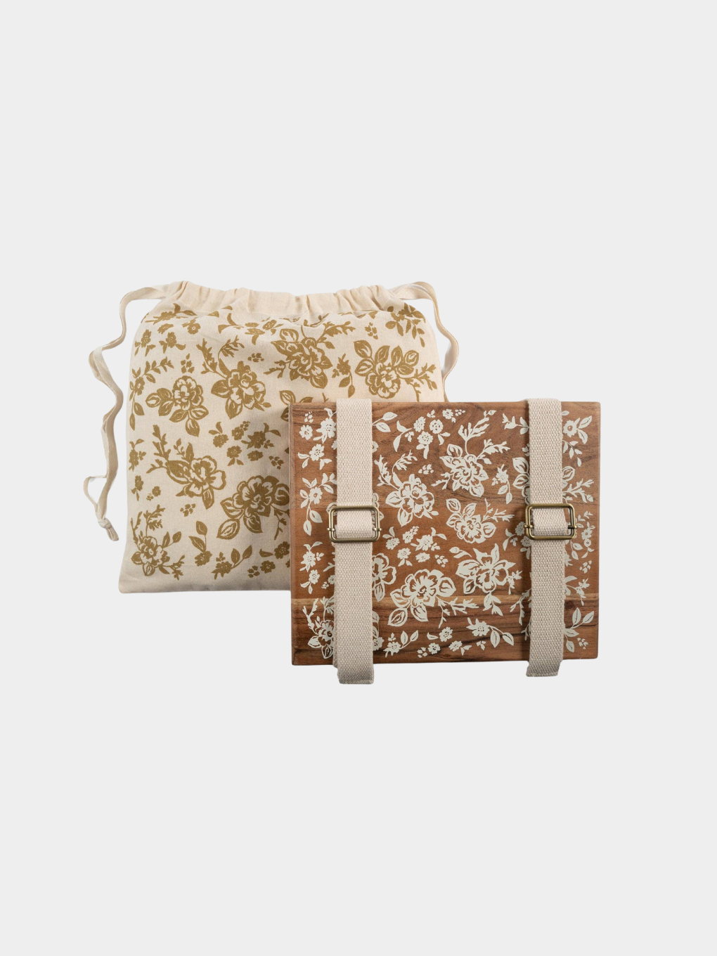 Heirloom Wooden Flower Press Kit with its floral printed cotton storage bag, acacia wood covers and cotton straps