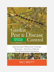 Cover image of the Garden Pest and Disease Control Essential NZ Guide by Bill Brett, featuring garden pests and disease prevention tips.