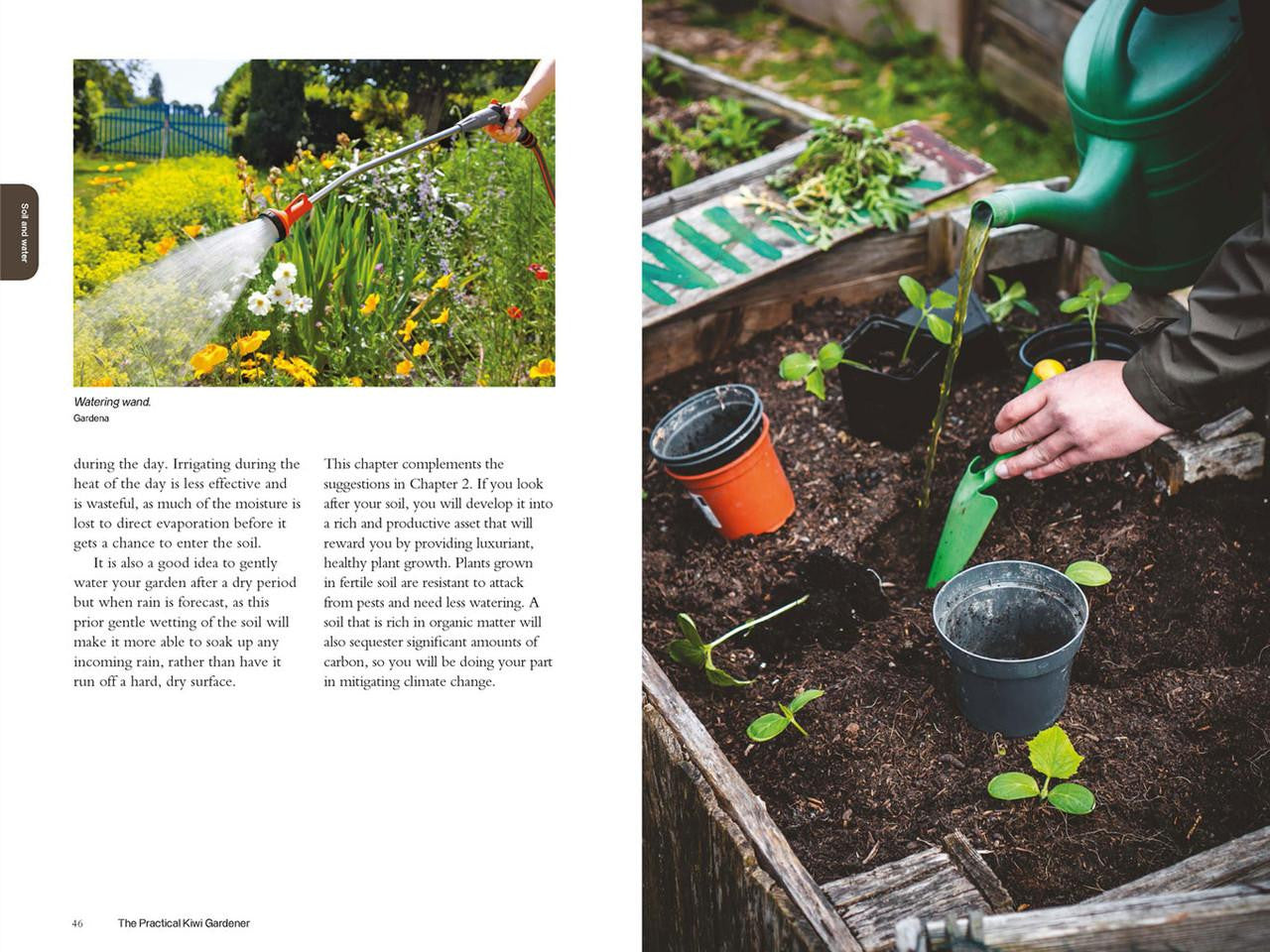 The Practical Kiwi Gardener book by Philip Thomsen, featuring a green cover with an illustration of kiwi plants and gardening tools.