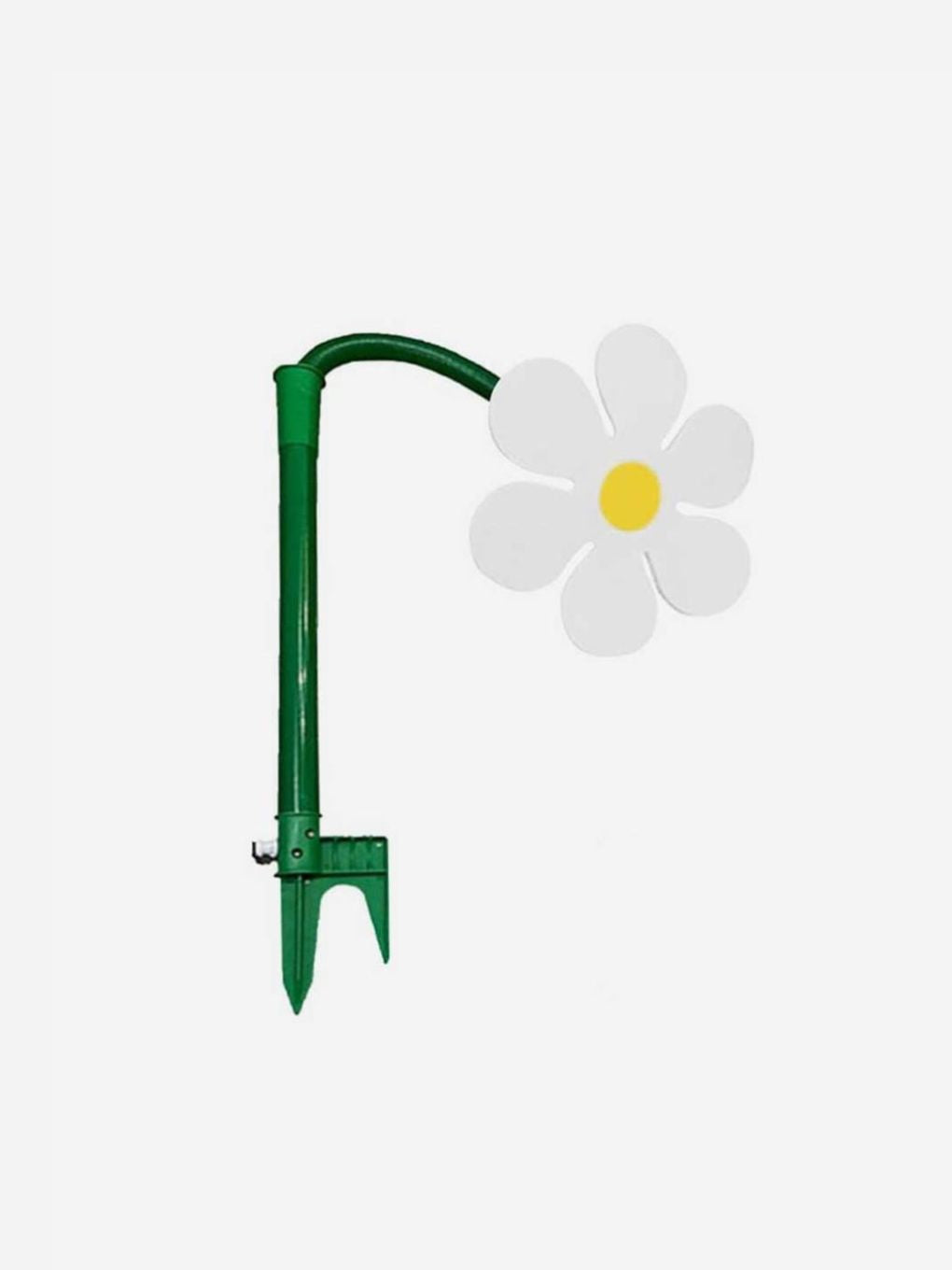 Bugg Dancing Sunflower Sprinkler in white with colorful sunflower design, spraying water in a garden setting.