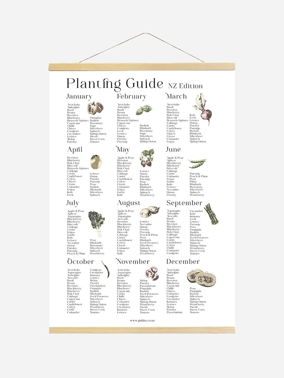 Printable Planting Guide Poster for New Zealand by Gubba, digital download featuring planting tips and garden layout illustrations.