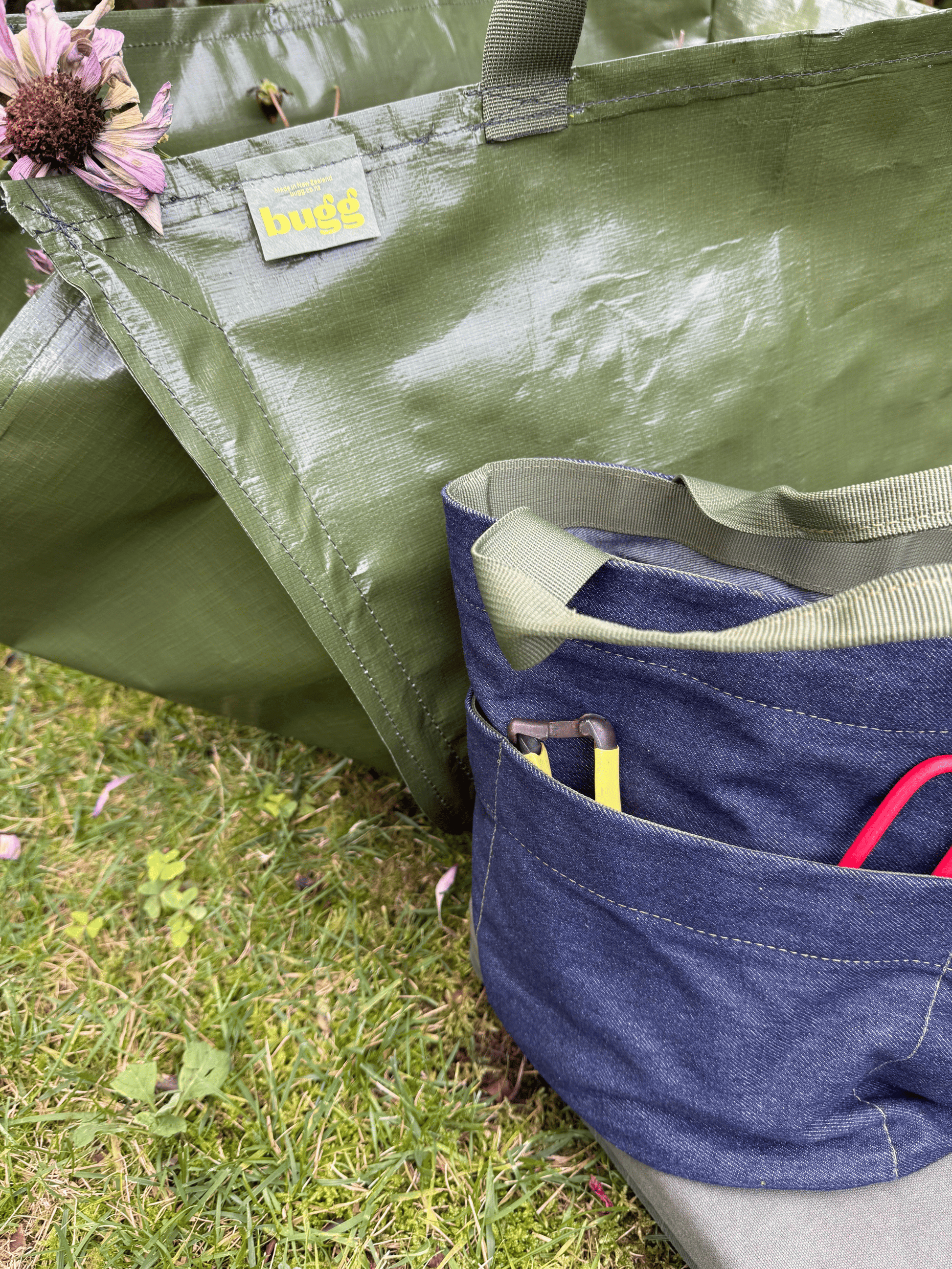 Khaki garden bag by Bugg with sturdy handles, ideal for outdoor gardening and storage.