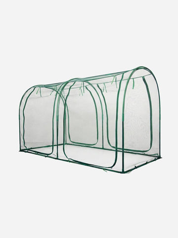 Bugg net tunnel with four openings, measuring 2.5m x 1.25m x 1.85m, shown assembled with mesh fabric and four entry points