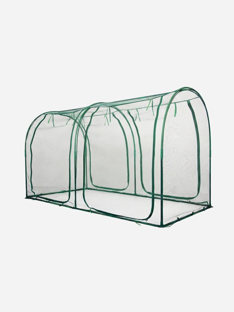 Bugg net tunnel with four openings, measuring 2.5m x 1.25m x 1.85m, shown assembled with mesh fabric and four entry points