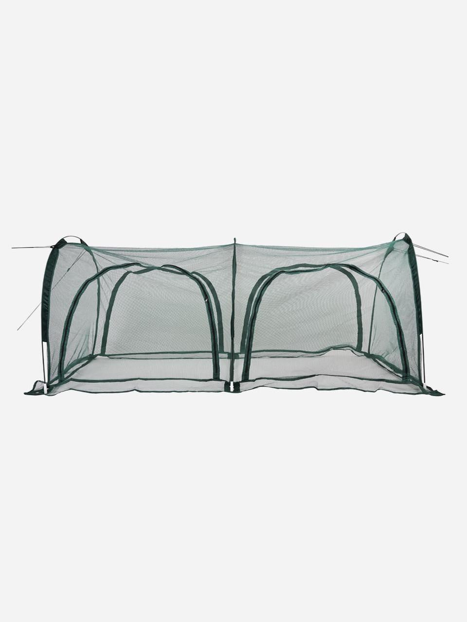 Bugg net tunnel with four openings, measuring 2.5m x 1m x 1m, featuring mesh fabric and zippered entrances for pest protection.