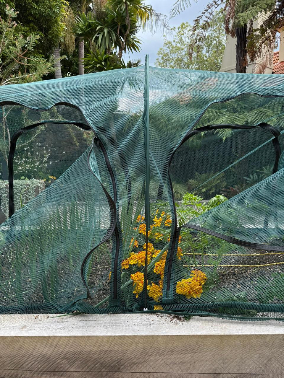 Bugg net tunnel with four openings, measuring 2m x 1m x 1m, made of durable mesh for outdoor play and protection.