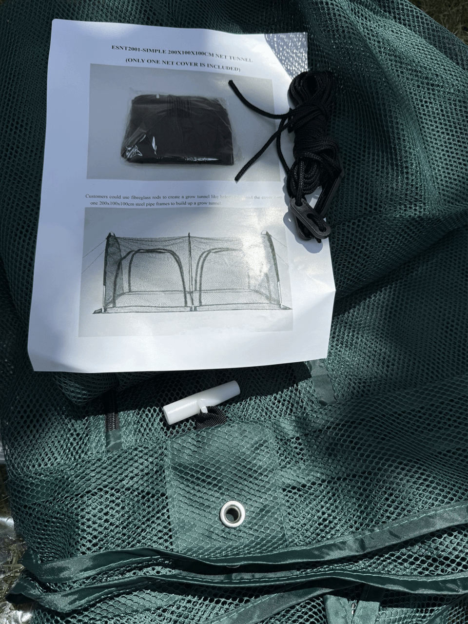 Bugg replacement net cover for net tunnel, 2m x 1m x 1m, with four openings, durable mesh for protection and ventilation.