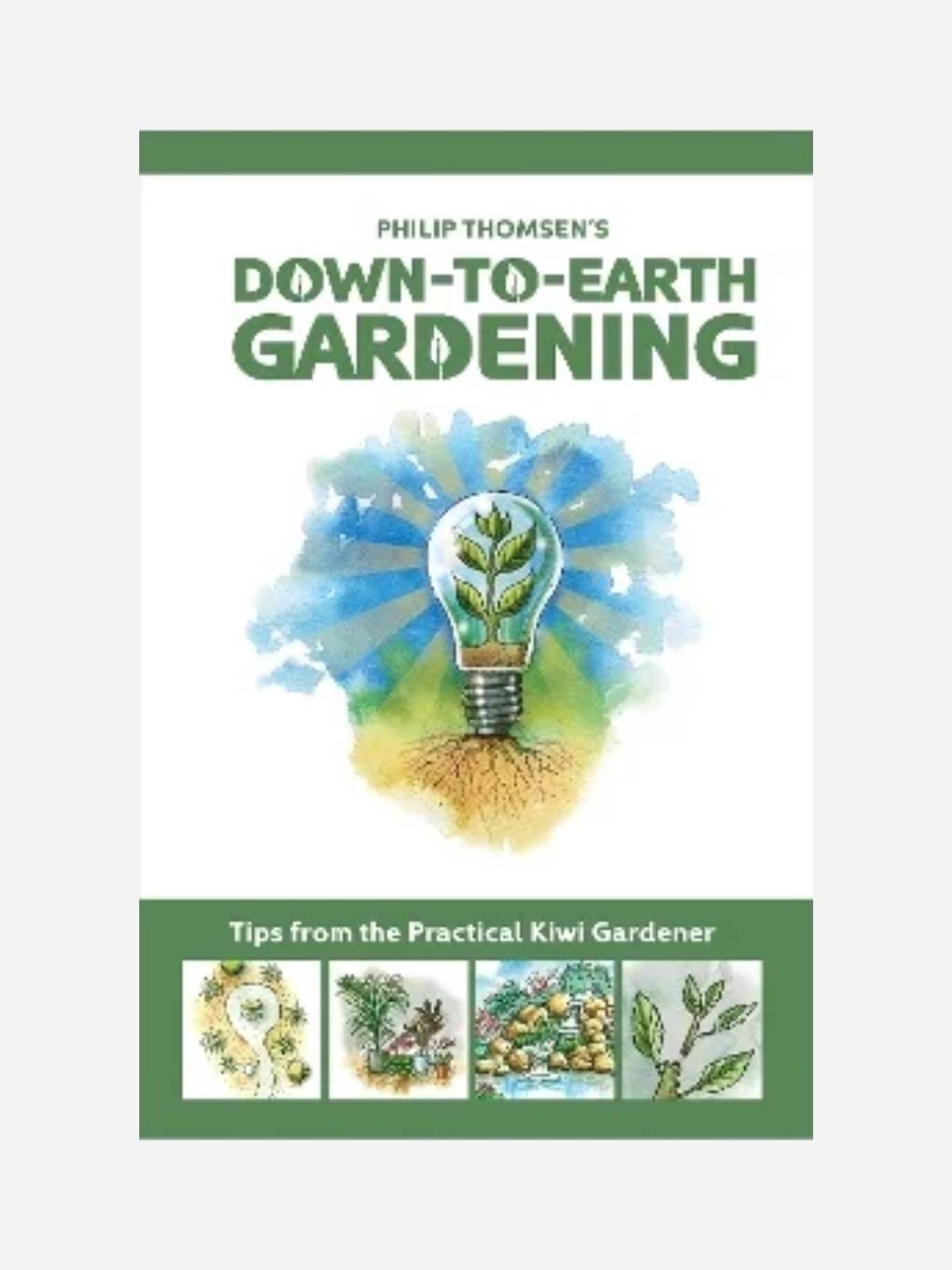 Down to Earth Gardening book by Philip Thomsen, featuring gardening tips and techniques, published by Bugg NZ.