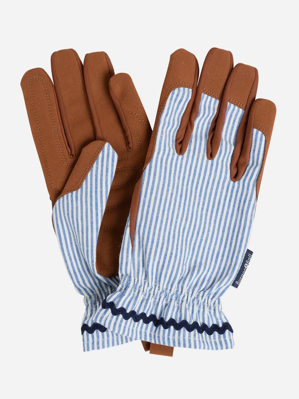 Blue striped collector gloves by Burgon & Ball, made for gardening, with durable fabric and comfortable fit.