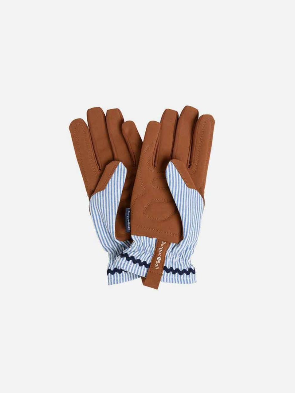 Blue striped collector gloves by Burgon & Ball with durable fabric and reinforced palms for gardening or outdoor work.
