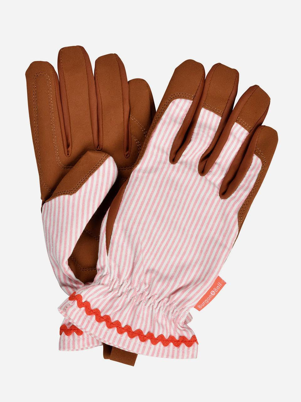 Burgon & Ball collector gardening gloves in blush stripe with protective cuffs and comfortable fit for gardening tasks.