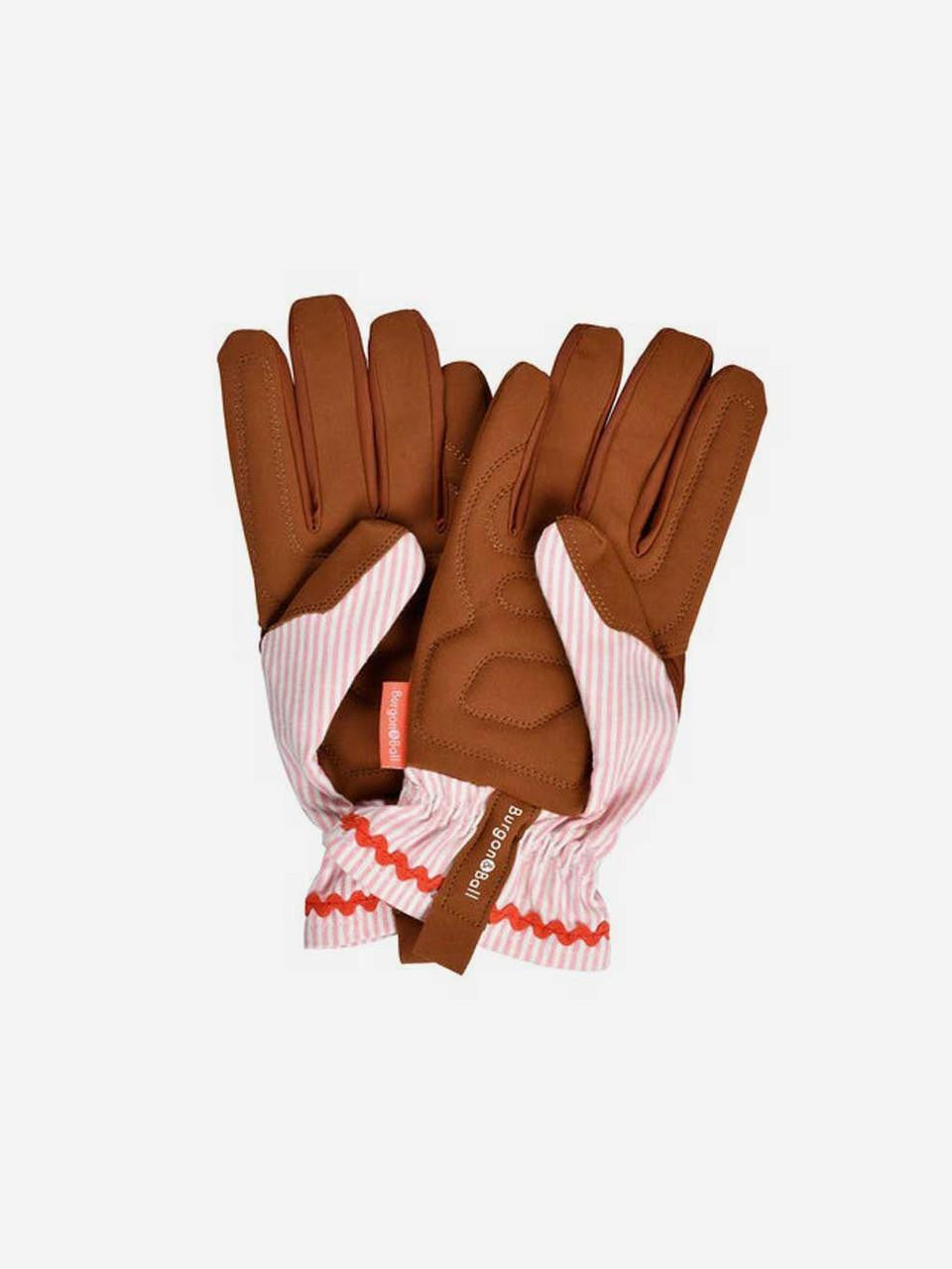 Burgon & Ball collector gloves in blush stripe with floral pattern, designed for gardening and outdoor work.