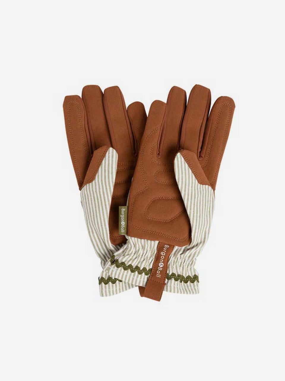Burgon & Ball Collector Gloves in olive green and white stripe, durable gardening gloves with reinforced fingertips.