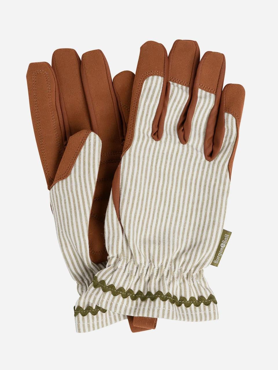 Olive-striped collector gloves by Burgon & Ball, made for gardening, featuring durable fabric and comfortable fit.