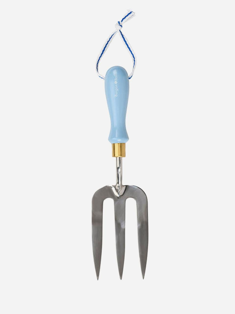 Blue Burgon & Ball Collector Hand Fork with ergonomic handle, ideal for gardening and planting tasks.
