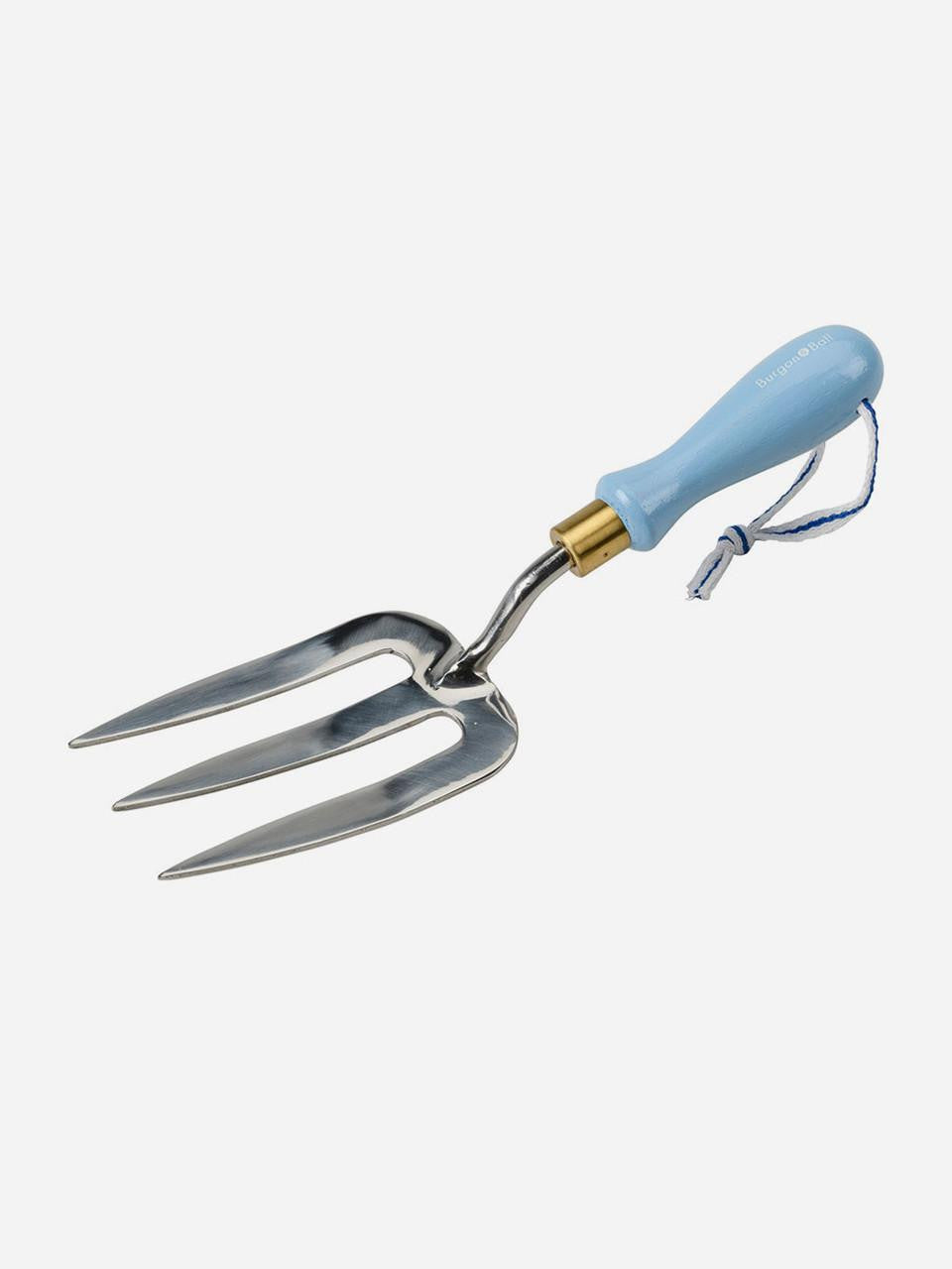 Blue Burgon & Ball Collector Hand Fork, a garden tool with a sturdy handle and metal tines for planting and digging tasks.