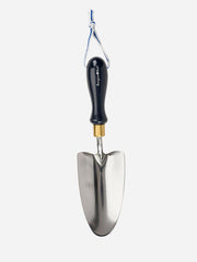 Navy Burgon & Ball Collector Hand Trowel with wooden handle for gardening and planting tasks.