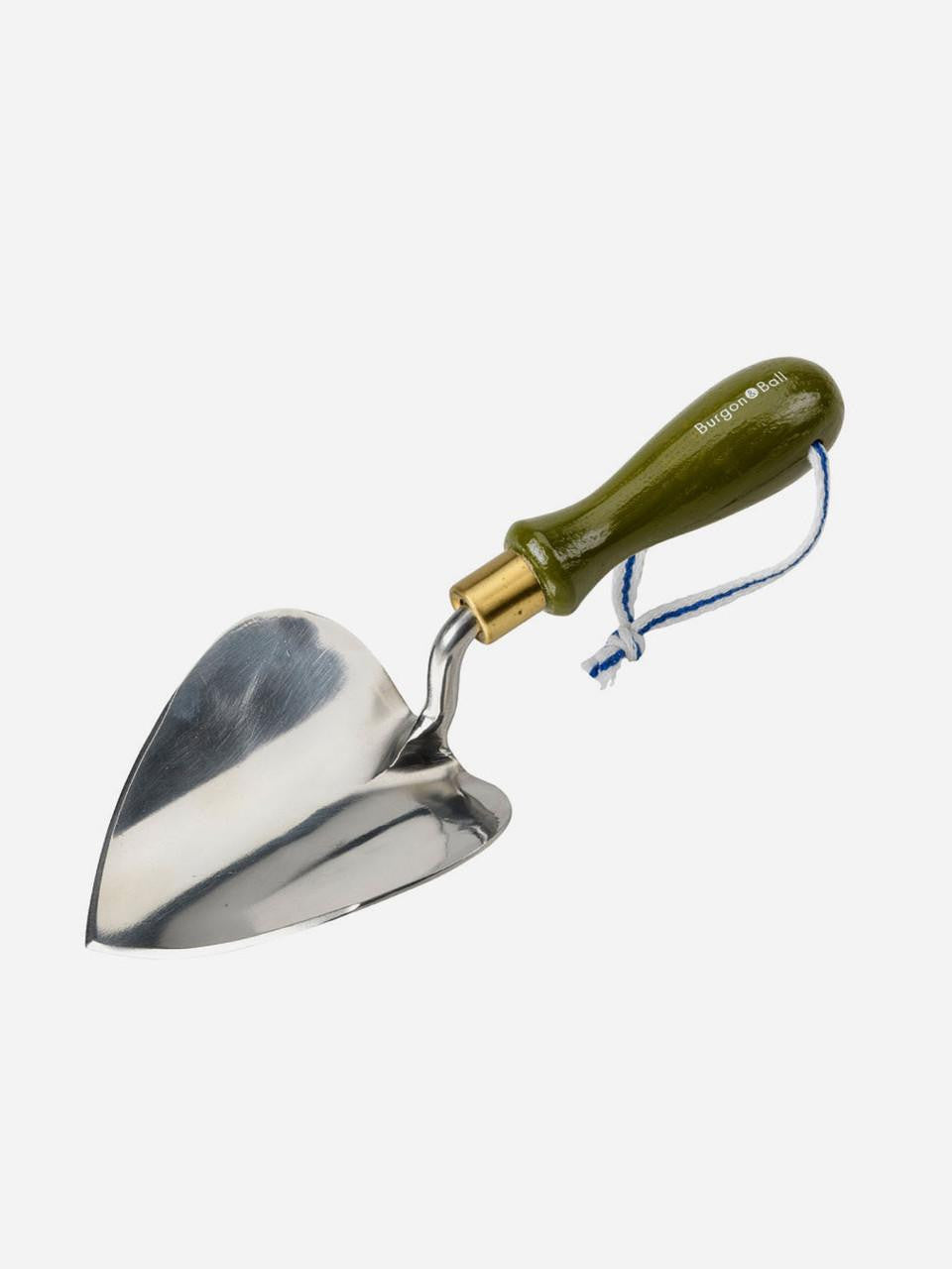 Burgon & Ball Collector Planting Trowel in olive color, with ergonomic handle and stainless steel blade for gardening.