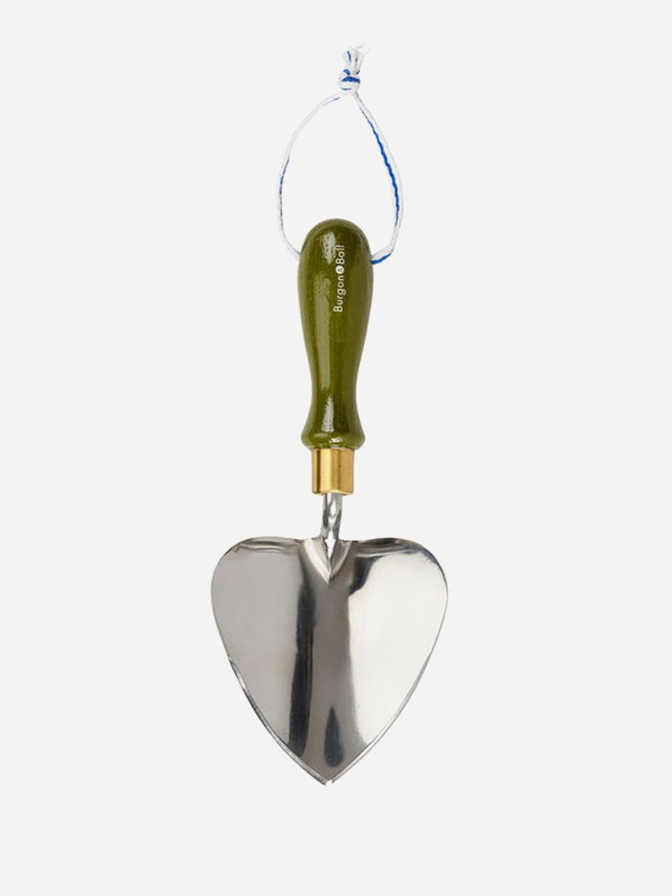 Olive-colored collector planting trowel by Burgon & Ball with ergonomic handle and sturdy metal scoop for gardening.