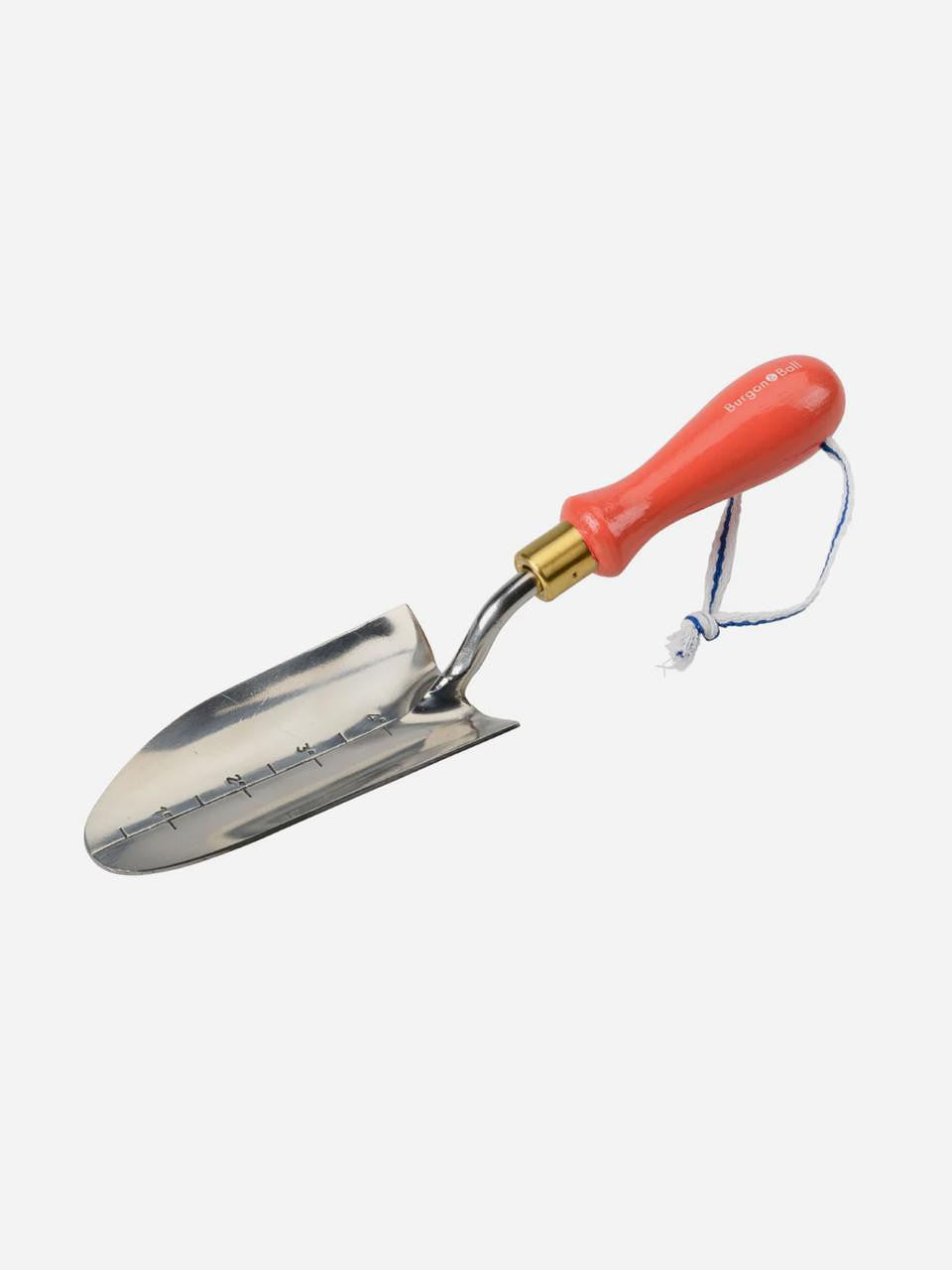 Red collector transplanter tool by Burgon & Ball, shown with a curved metal scoop and ergonomic handle for planting and transplanting.