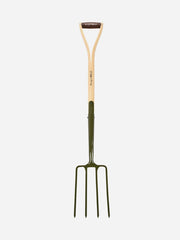 Boron Green Burgon & Ball digging fork with sturdy metal tines and wooden handle, ideal for garden digging and planting.
