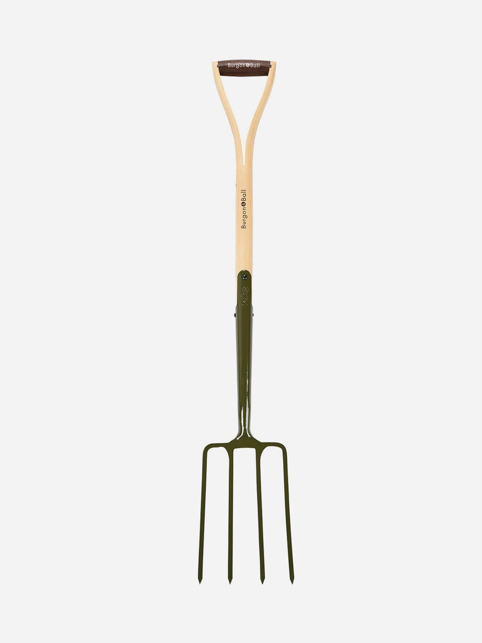 Boron Green Burgon & Ball digging fork with sturdy metal tines and wooden handle, ideal for garden digging and planting.