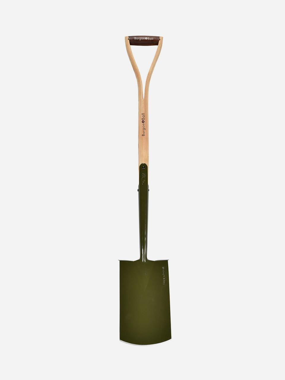 Burgon & Ball Boron Green digging spade with wooden handle and metal blade for gardening and planting tasks.