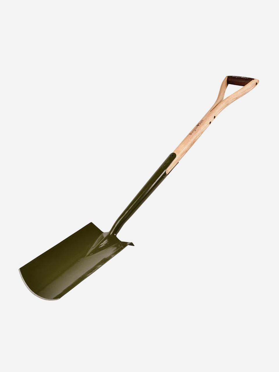 Burgon & Ball Boron Green digging spade with wooden handle and sturdy steel blade, ideal for gardening and planting tasks.