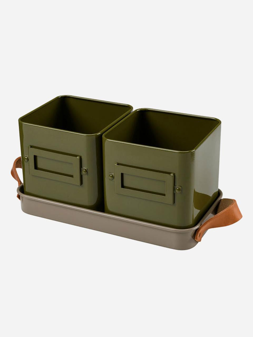 Olive-colored herb pots by Burgon & Ball, set of small ceramic containers for kitchen herbs or indoor plants.