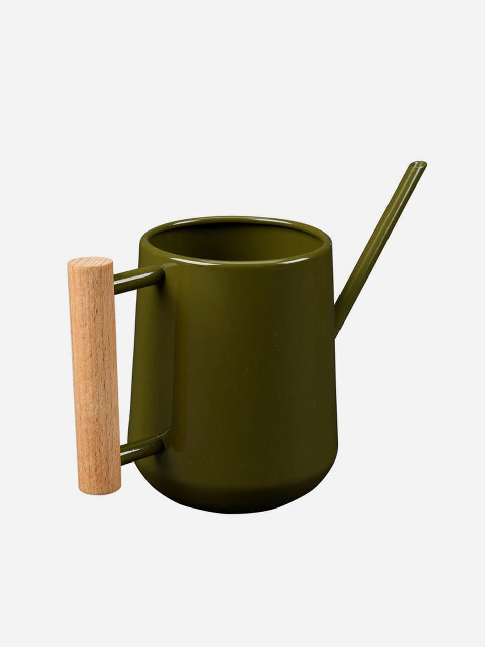 Olive green indoor watering can by Burgon & Ball with a long spout for easy plant watering.