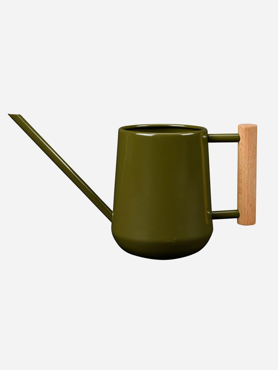 Olive green indoor watering can by Burgon & Ball with a long spout and ergonomic handle for gentle watering of houseplants.