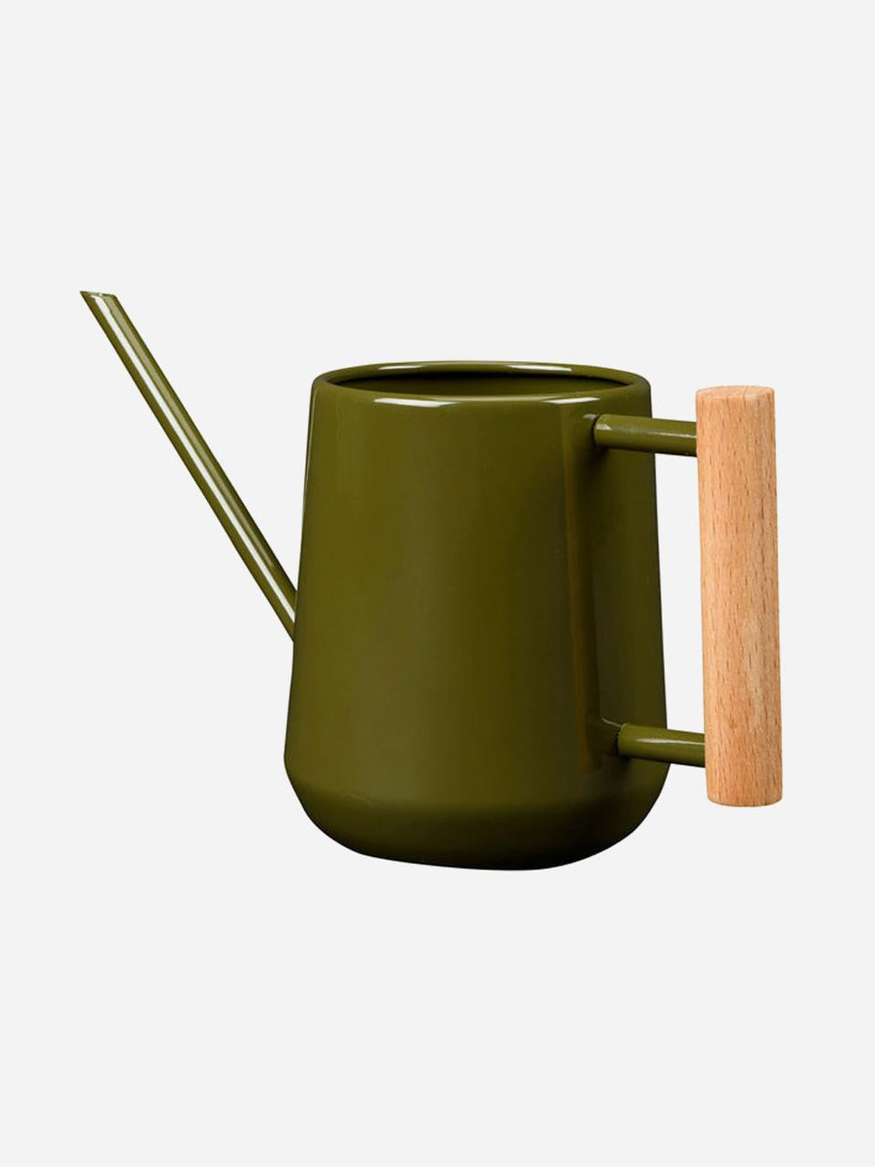 Olive green indoor watering can by Burgon & Ball with a curved handle and spout, ideal for houseplant watering.