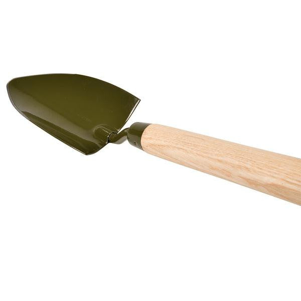 Mid-handled garden trowel by Burgon & Ball with a boron green blade for planting and digging in the garden.