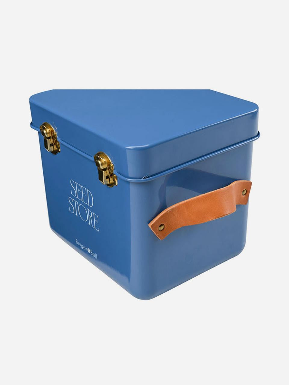 Burgon & Ball mini seed storage tin in Cotswold Blue with a secure lid, ideal for organizing garden seeds.
