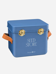 Burgon & Ball Mini Seed Storage Tin in Cotswold Blue, compact metal container for storing garden seeds with a decorative design.