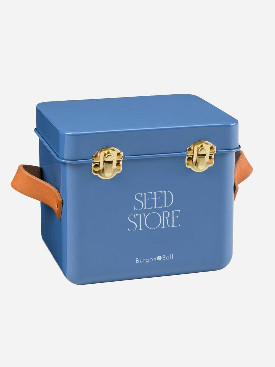 Burgon & Ball Mini Seed Storage Tin in Cotswold Blue, compact metal container for storing garden seeds with a decorative design.