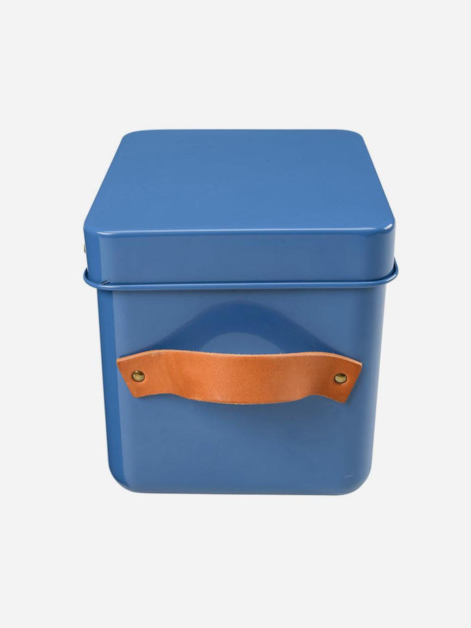 Mini seed storage tin in Cotswold Blue by Burgon & Ball, compact metal container for storing garden seeds.