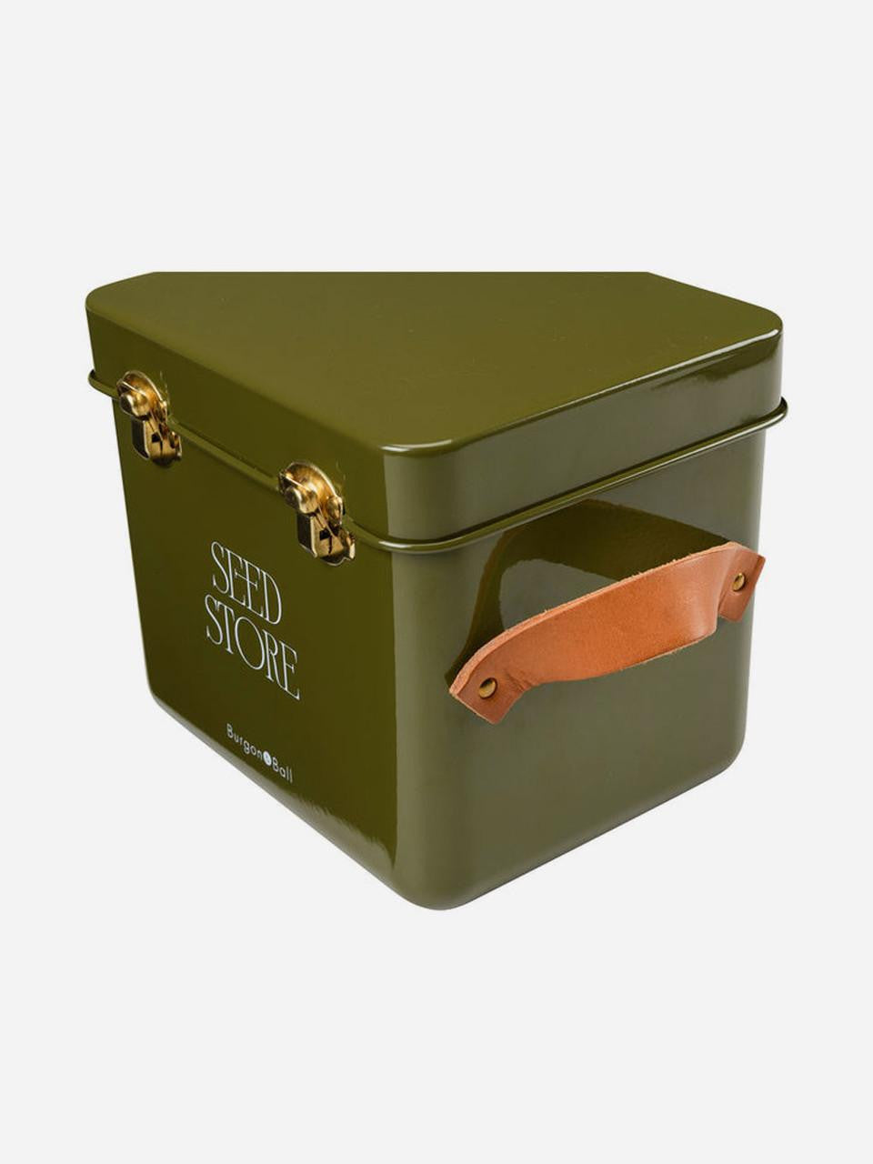 Mini seed storage tin in olive color by Burgon & Ball, designed for organizing and storing garden seeds.
