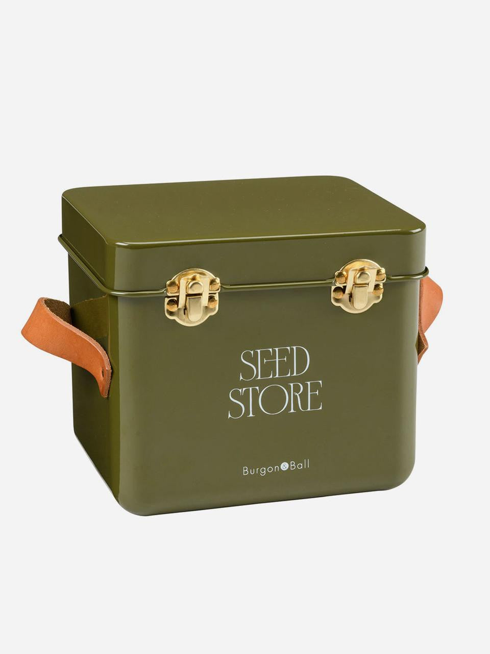 Mini seed storage tin in olive color by Burgon & Ball, featuring a compact, vintage-inspired metal container for seed storage.
