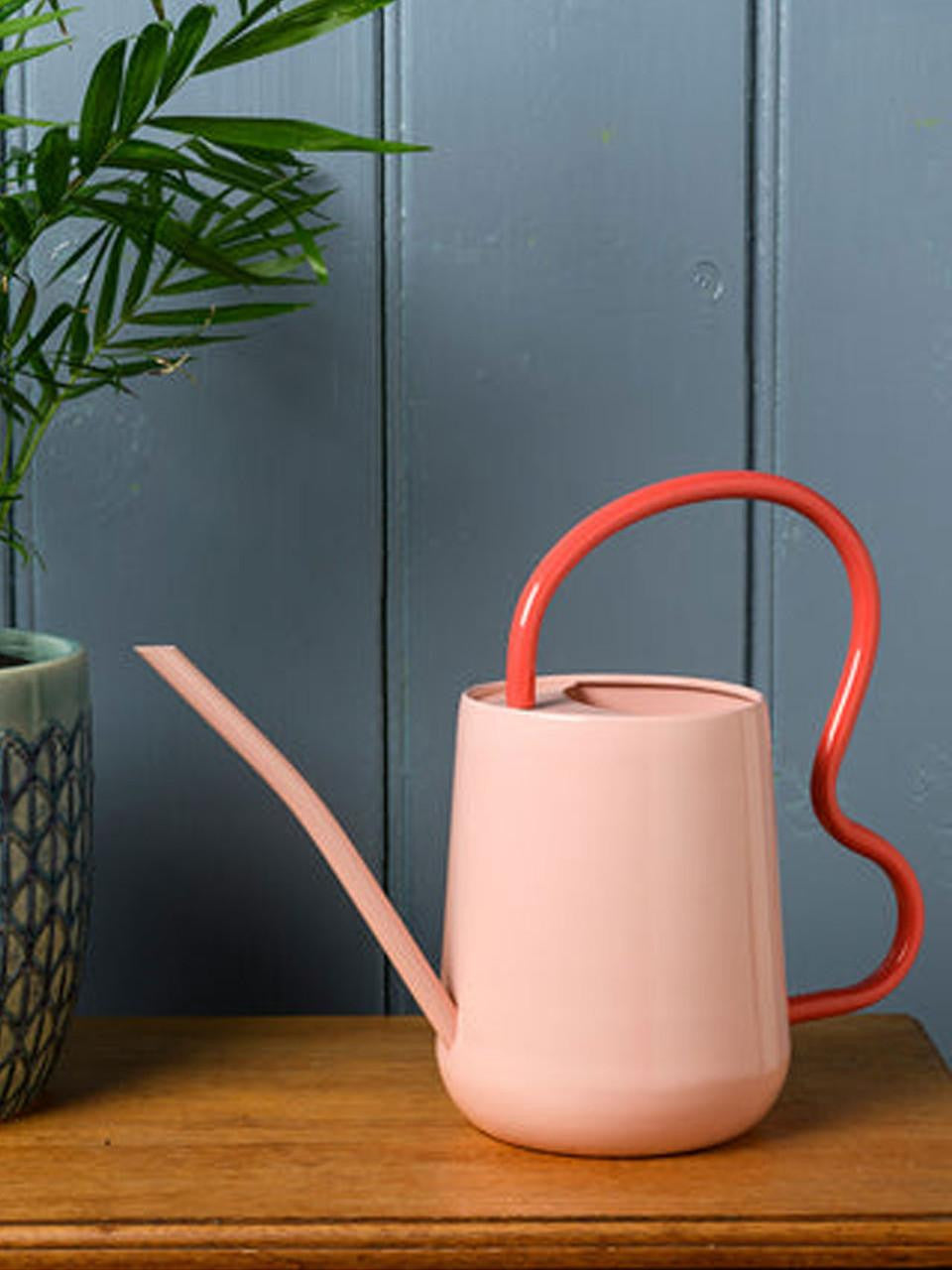 Blush scalloped indoor watering can by Burgon & Ball with a curved spout and ergonomic handle for easy indoor plant watering.