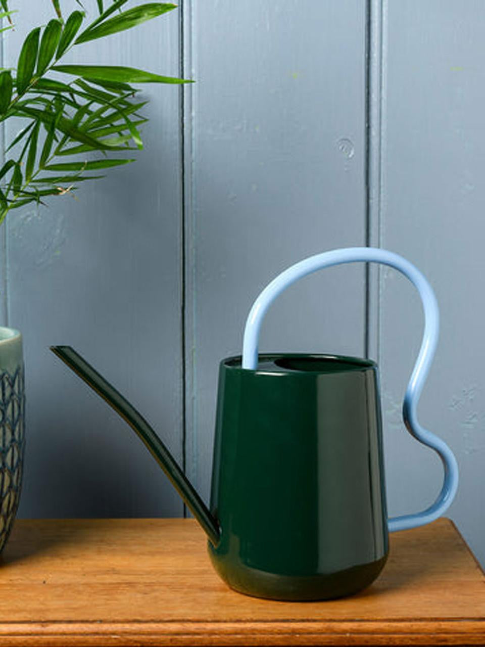 Heritage green scalloped indoor watering can by Burgon & Ball with a curved handle and spout for indoor plant watering.