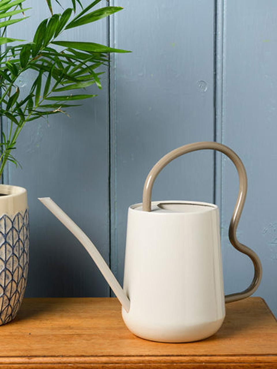 Burgon & Ball scalloped indoor watering can in mushroom color with a curved handle and spout for gentle watering.