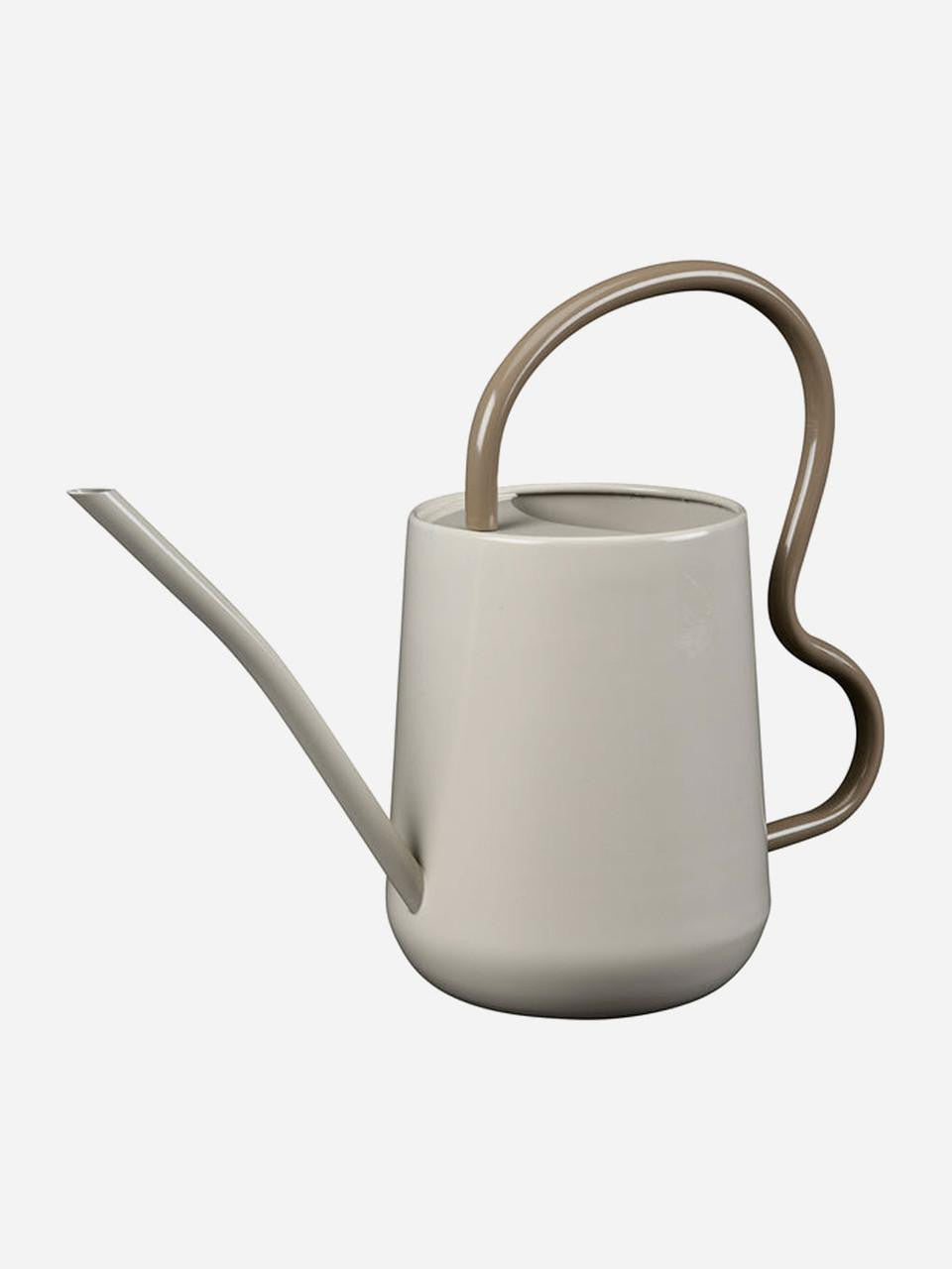 Burgon & Ball scalloped indoor watering can in mushroom color with a curved handle and spout for easy watering.