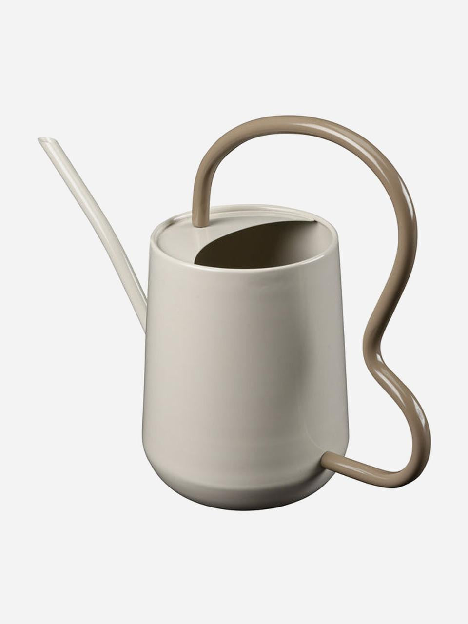 Burgon & Ball scalloped indoor watering can in mushroom color, with a curved spout and ergonomic handle for easy watering.