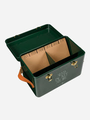 Heritage Green seed packet storage tin by Burgon & Ball with a vintage design for organizing seed packets.