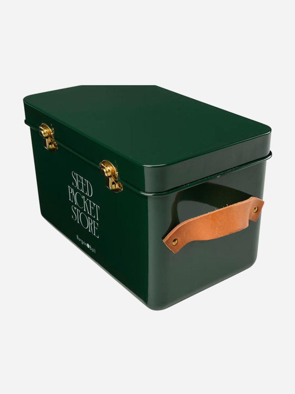 Heritage Green seed packet storage tin by Burgon & Ball, featuring a vintage-style metal container for organizing seed packets.