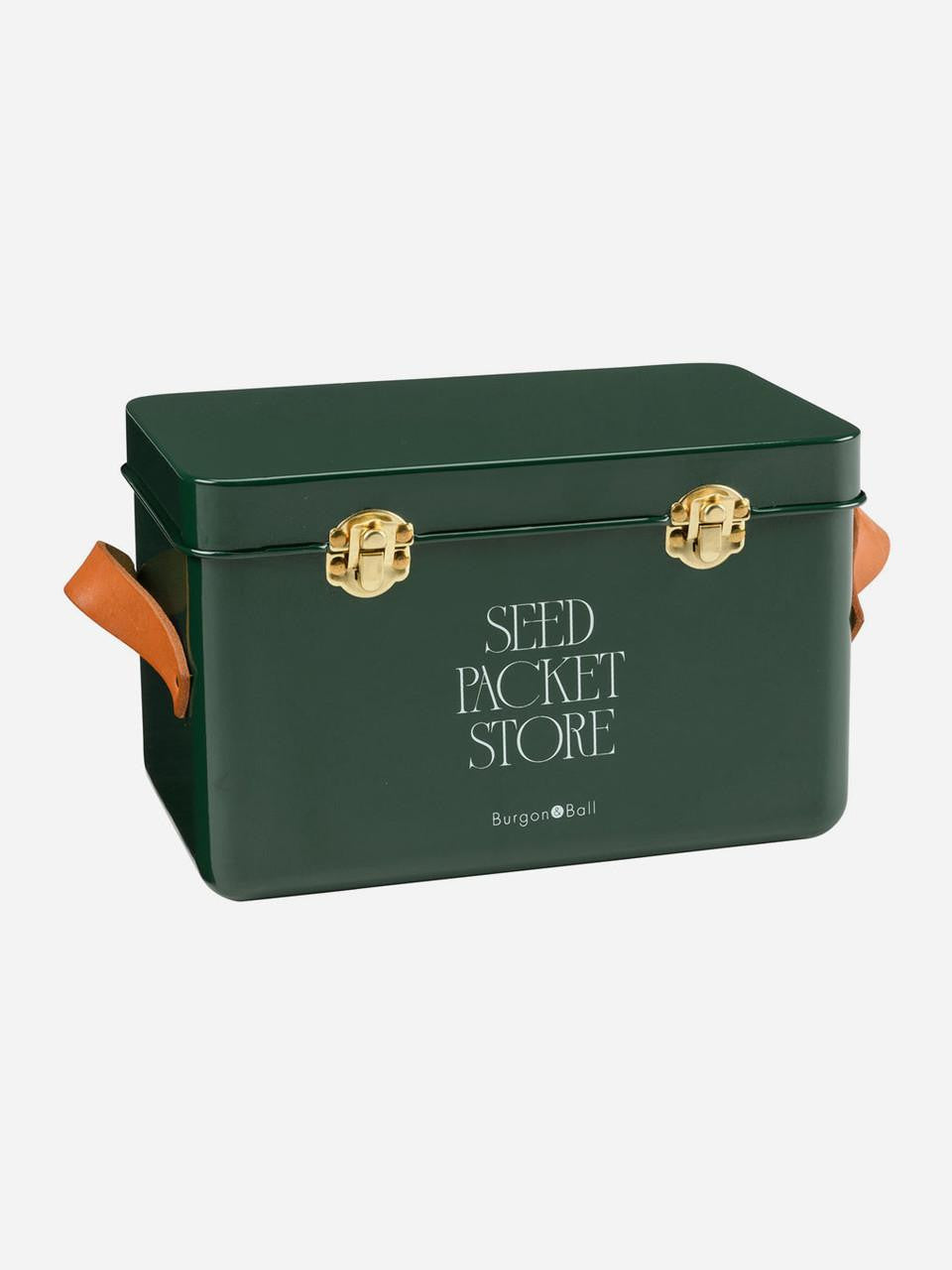 Heritage Green seed packet storage tin by Burgon & Ball, made of metal with a vintage design for organizing seed packets.